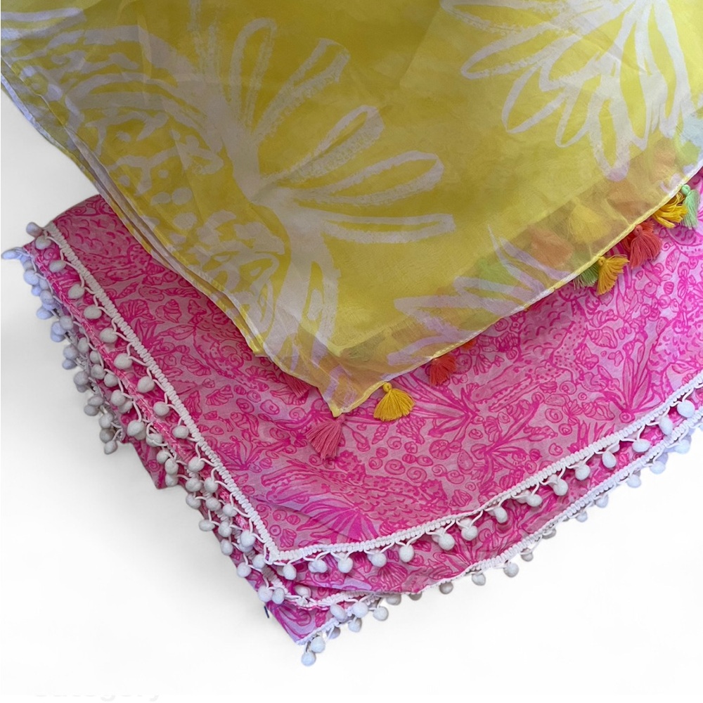 Lilly Pulitzer Target Collab Scarves pink w/ pom poms & yellow print w/ tassels